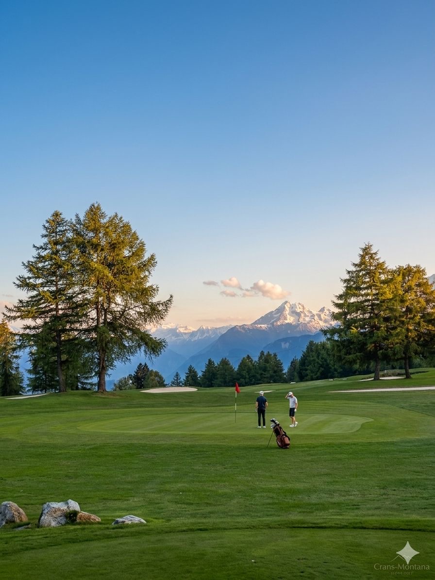 Golf au coucher de soleil face aux sommets enneigés en été